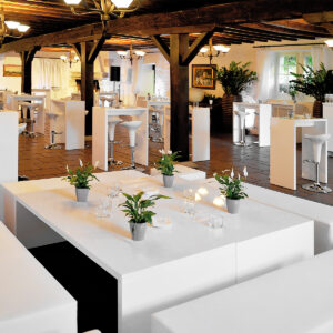 event lounge in weiss mit grossen tischen und event dekoration