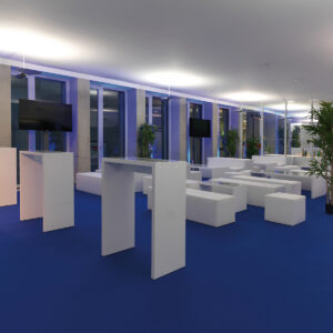 stehtische und lounge mieten in weiss mit tv und teppich