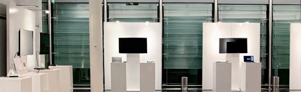 messestaende mit 4k tv screens und weissen rueckwaenden