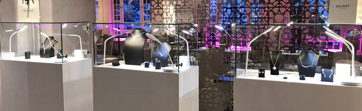 grosse glas vitrinen mit led beleuchtung an einer schmuck ausstellung