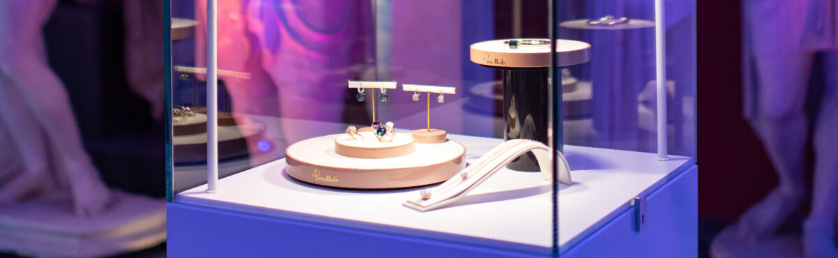 exklusive schmuck praesentation in einer glas vitrine in weiss mit led exklusive schmuck praesentation in einer glas vitrine in weiss mit led