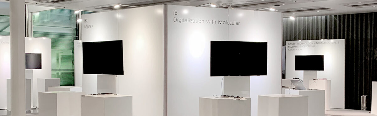 stabiles messebau system mit beleuchtung und mietmoebel wie tv screens und kleinen theken